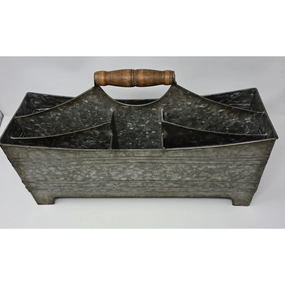 Galvanized Metal Caddy Organizer Wood Handle Farmhouse Divided Tool Box Tray